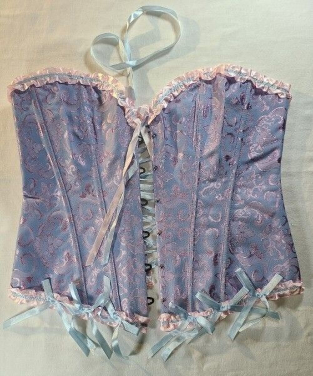Pink Blue Lace Corset Top S Pastel Bustier Ribbon Lace Up Coquette Y2K